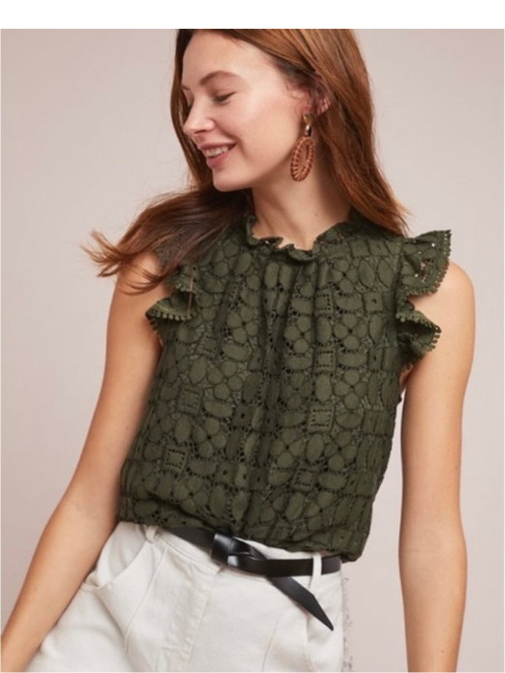 Maeve by Anthropologie Sleeveless Olive Crochet Lace Ruffle Top